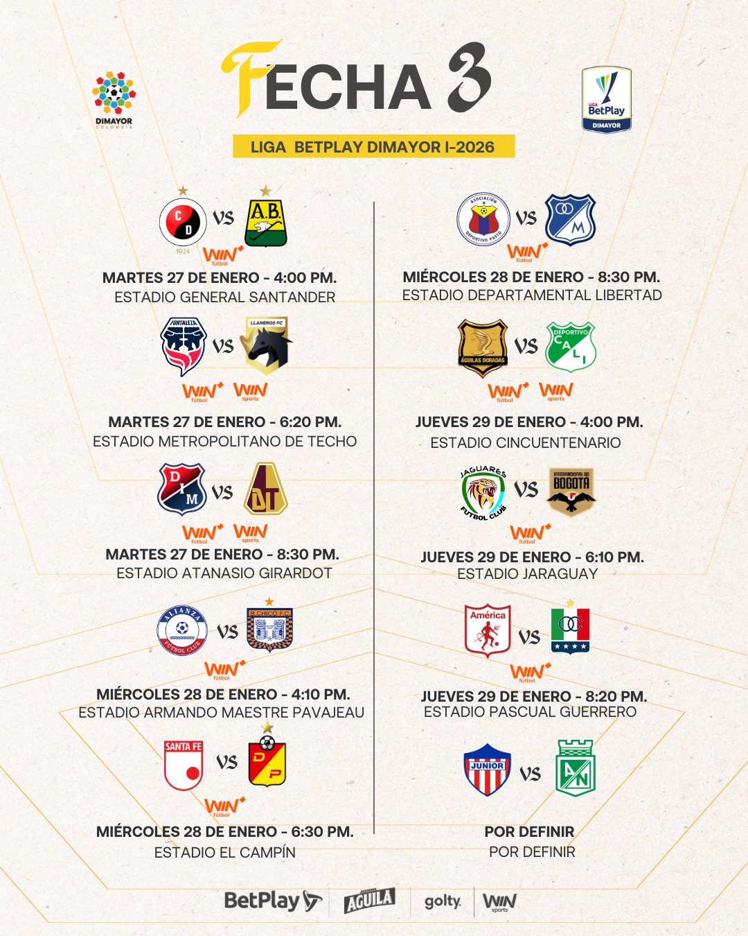 Así se jugará la fecha 3 de la Liga BetPlay DIMAYOR l-2026 - Dimayor