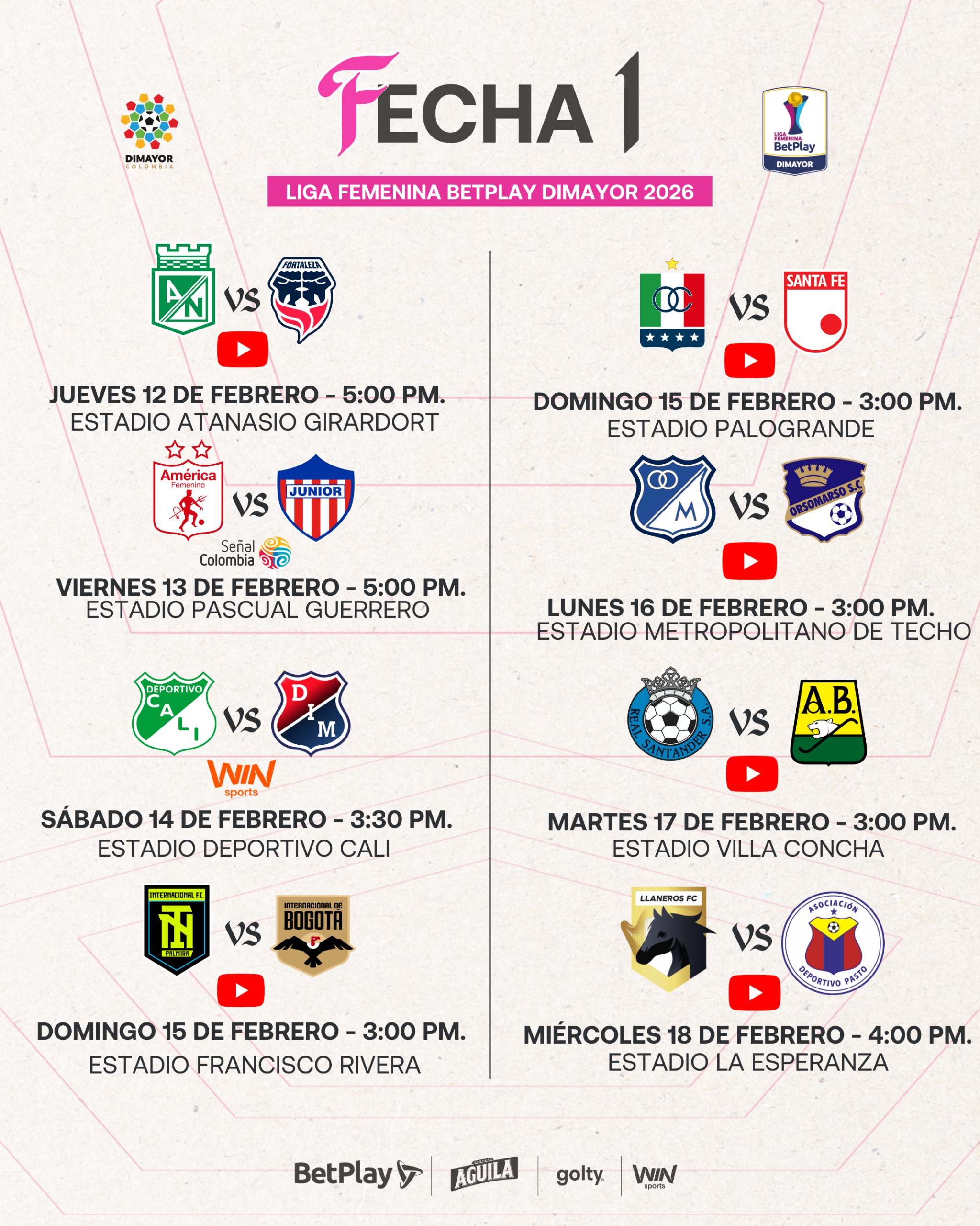 Así se jugará la Fecha 1 de la Liga Femenina BetPlay DIMAYOR 2026 - Dimayor