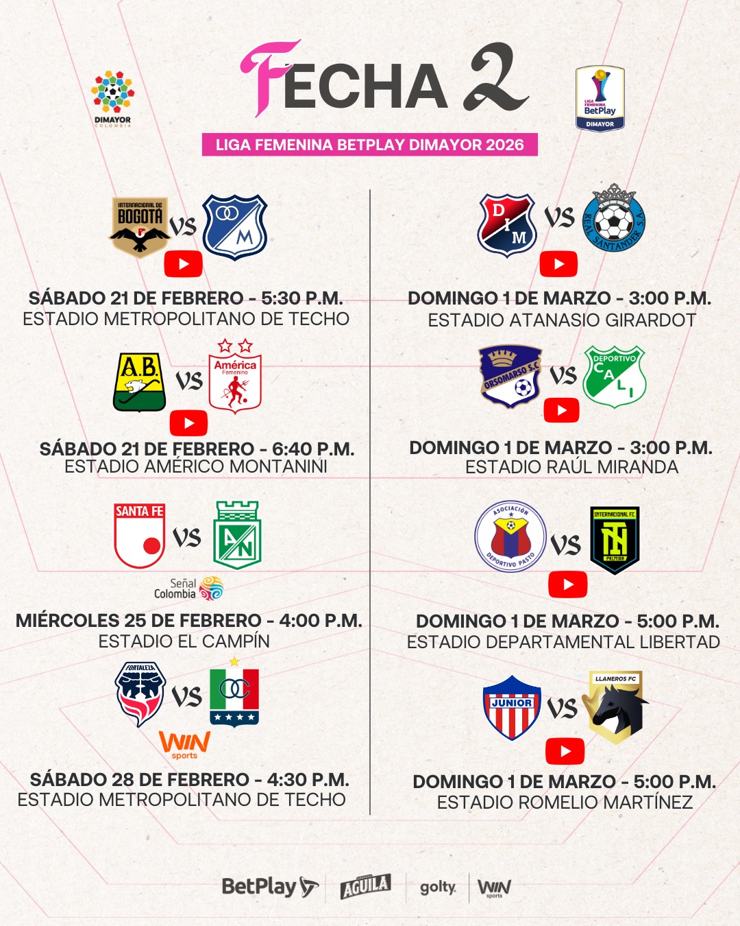 Así se jugará la Fecha 2 de la Liga Femenina BetPlay DIMAYOR 2026 - Dimayor