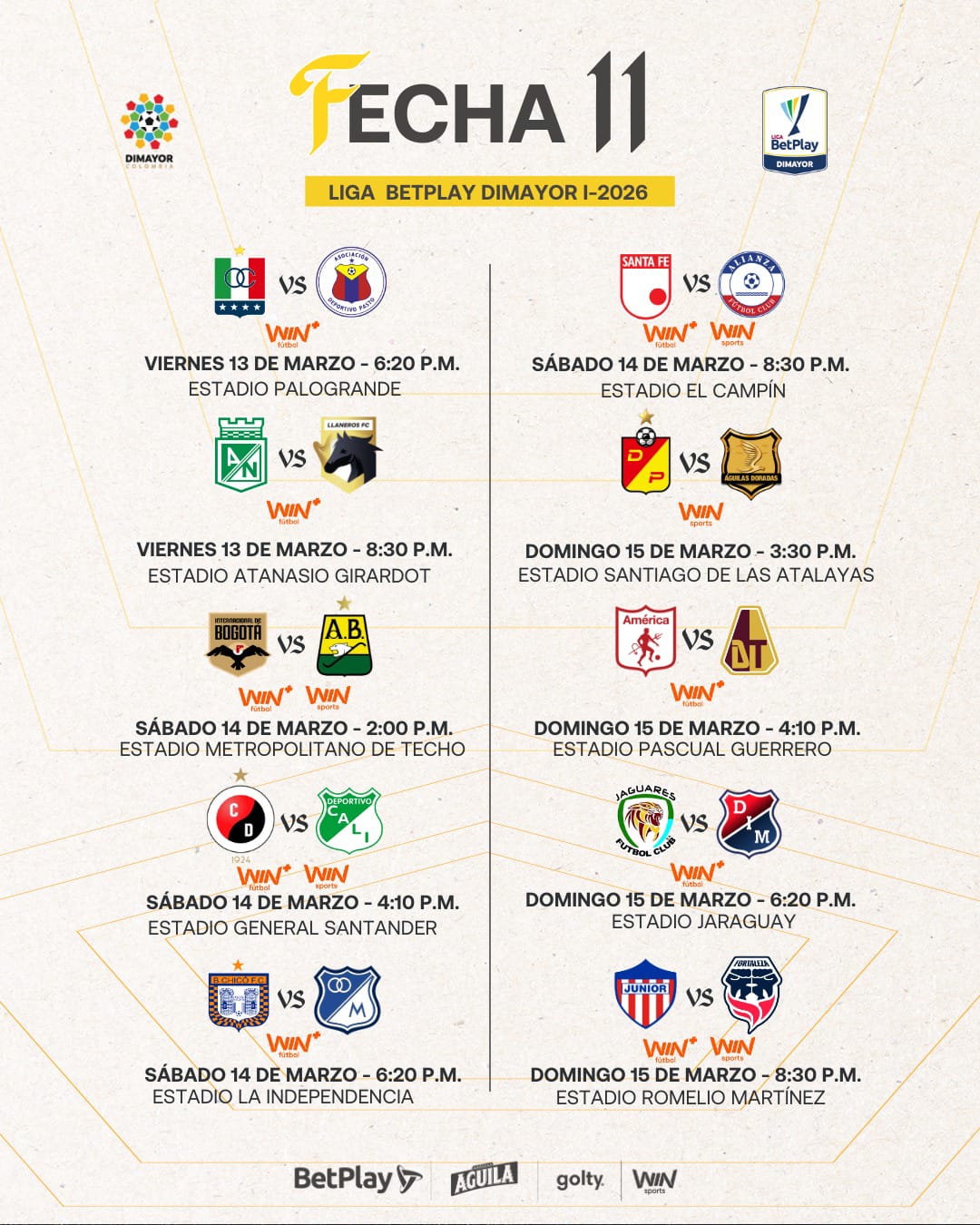 Así se jugará la fecha 11 de la Liga BetPlay DIMAYOR l-2026 - Dimayor