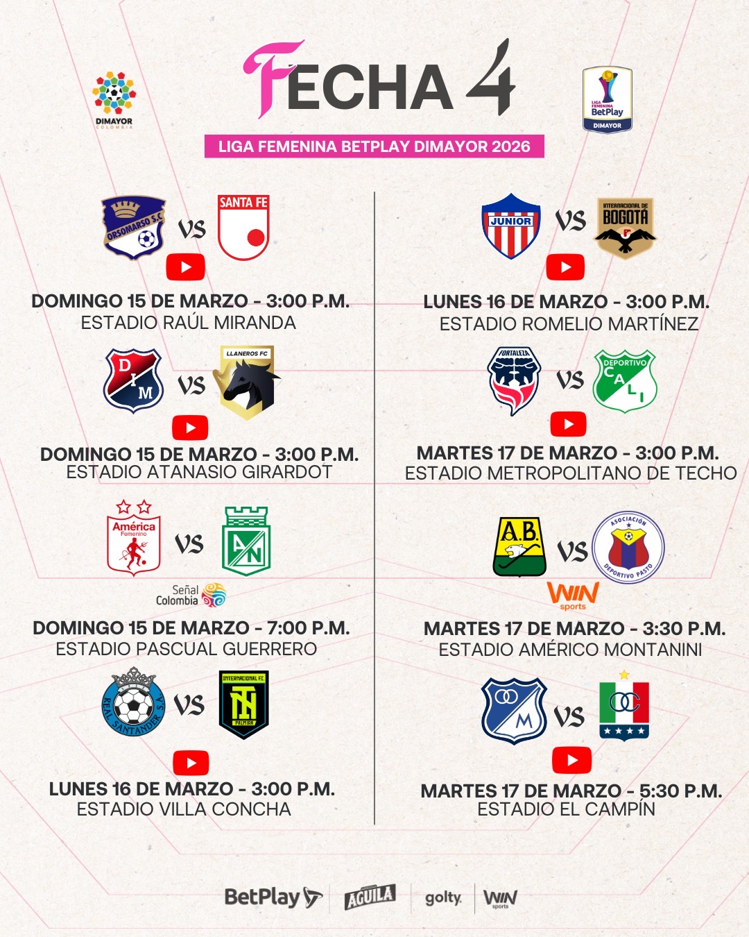Así se jugará la Fecha 4 de la Liga Femenina BetPlay DIMAYOR 2026 - Dimayor