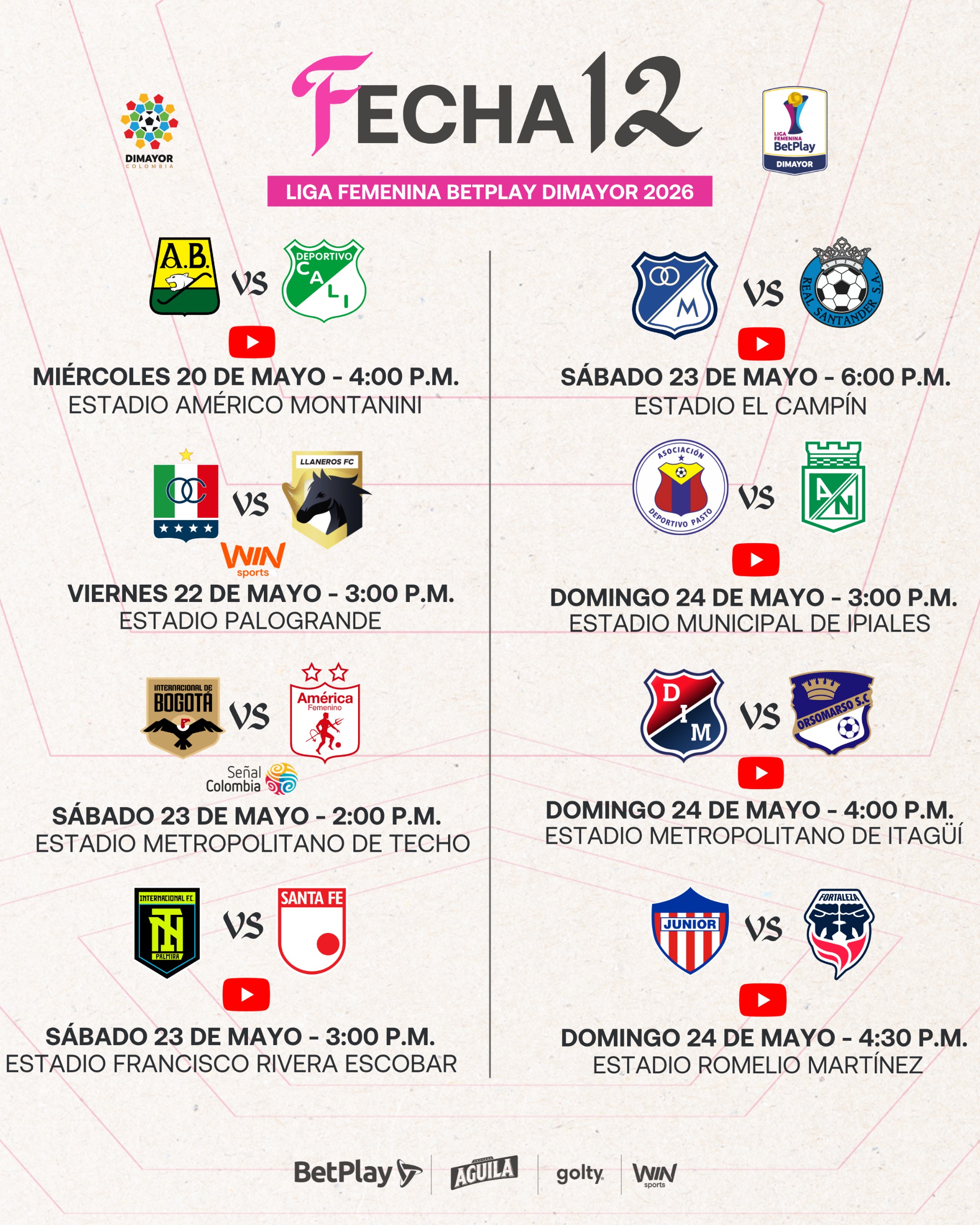 Así se jugará la Fecha 12 de la Liga Femenina BetPlay DIMAYOR 2026 ...