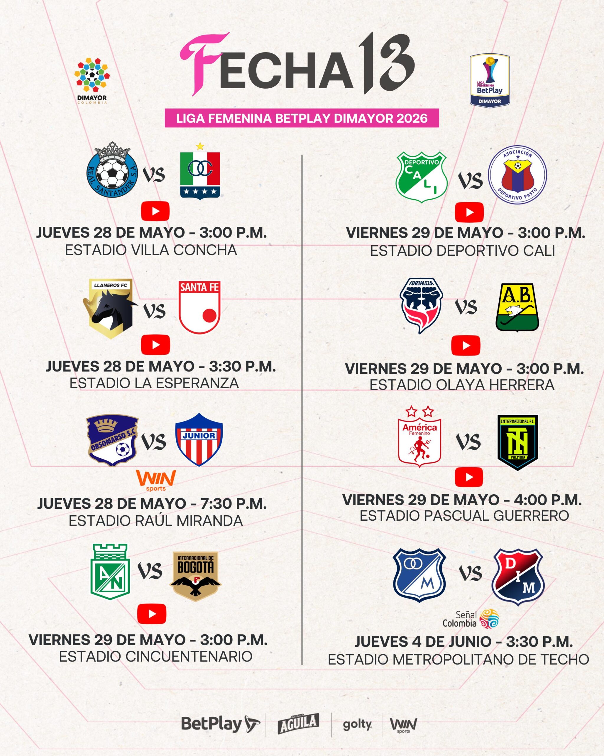Así se jugará la Fecha 13 de la Liga Femenina BetPlay DIMAYOR 2026 ...